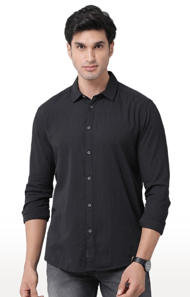 Men's Black Cotton Solid Casual Shirt