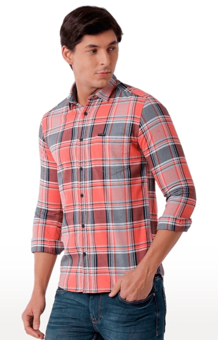 Men's Pink Cotton Checkered Casual Shirt
