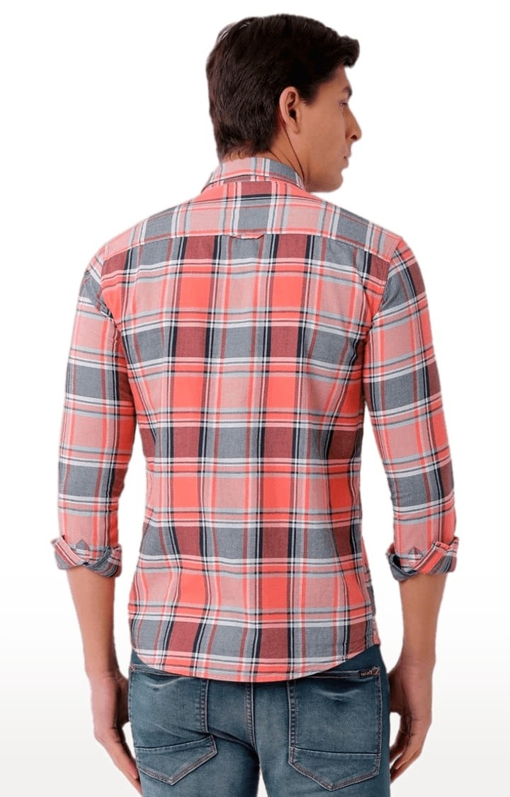 Men's Pink Cotton Checkered Casual Shirt