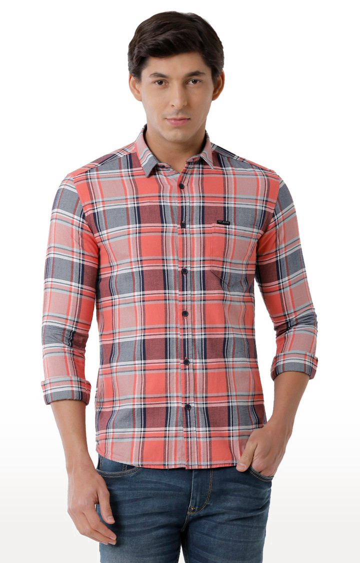 VOI Jeans Men's Pink 100% Cotton Slim Fit Checked Casual Shirt