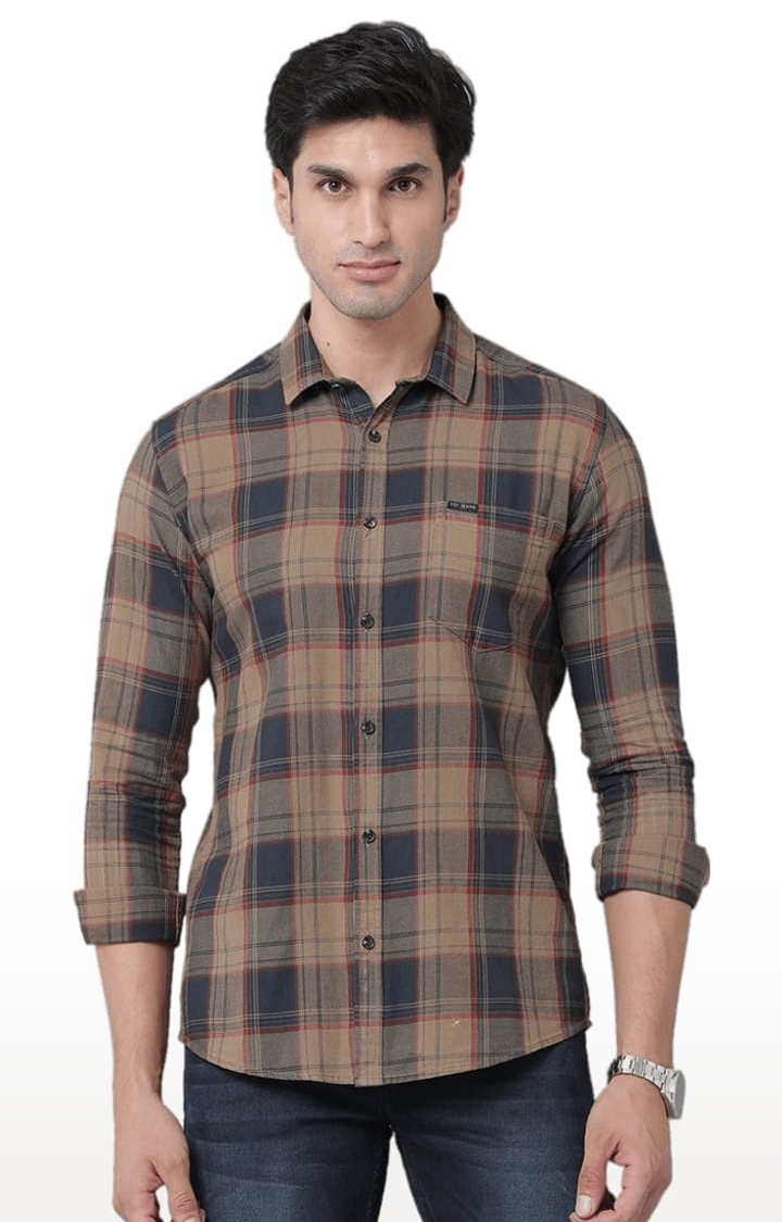 Men's Brown Cotton Checkered Casual Shirt
