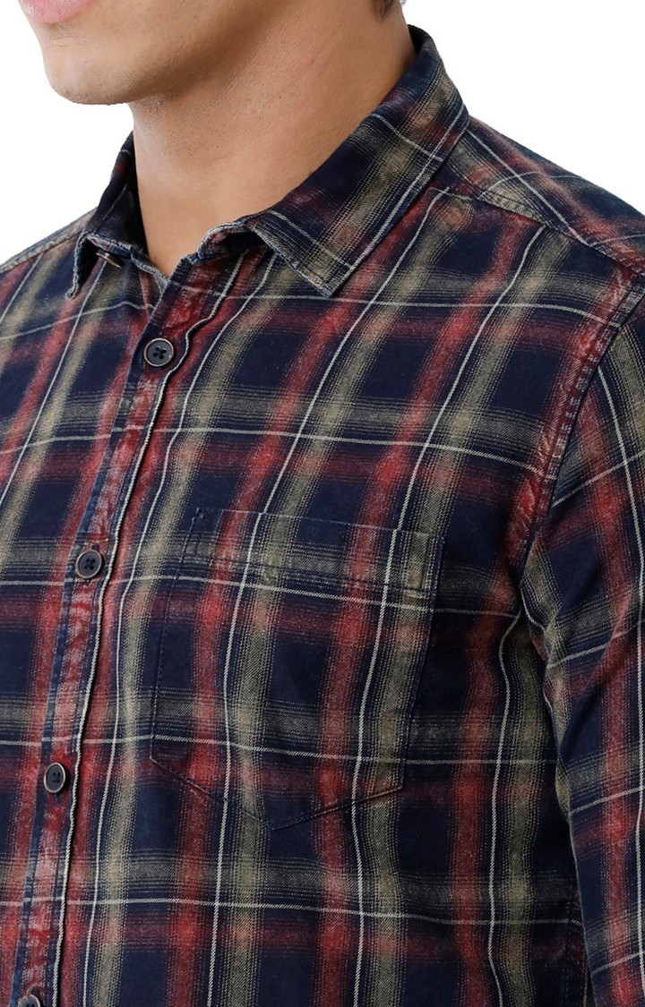 Men's Indigo, Maroon Cotton Checked Casual Shirt