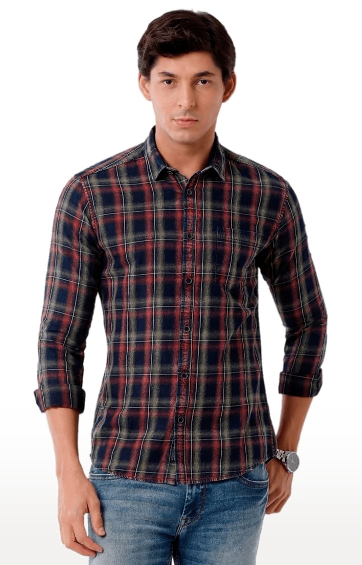 Men's Indigo, Maroon Cotton Checkered Casual Shirt