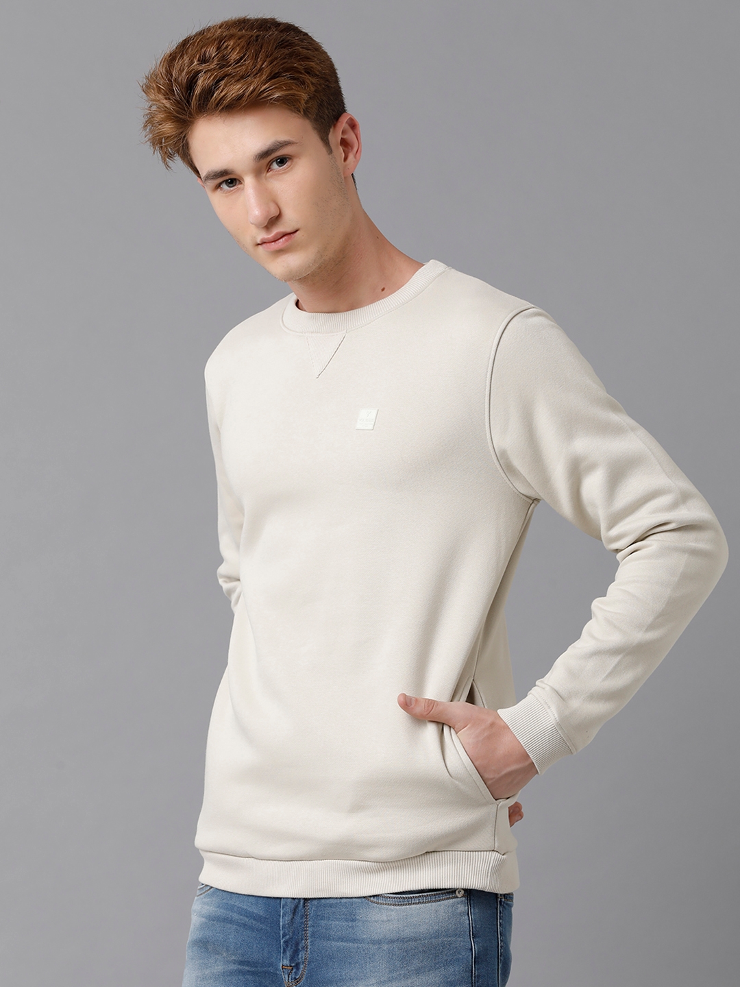 Men's Off White Cotton Blend Solid Sweatshirts