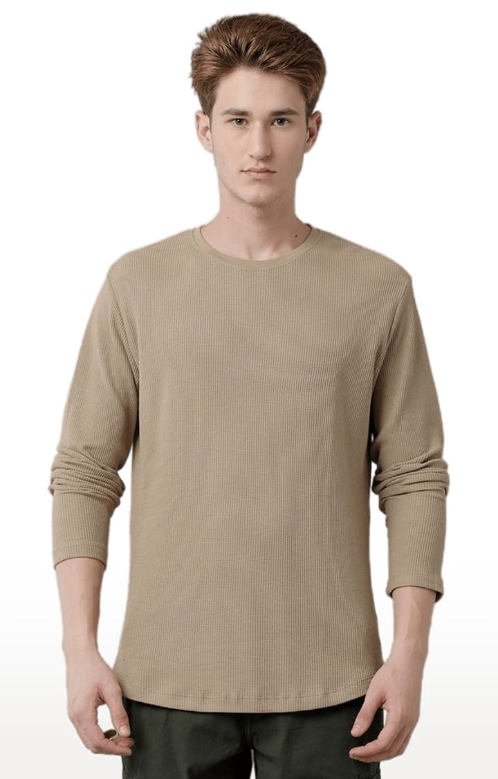 Men's Khaki Cotton Blend Textured T-Shirt