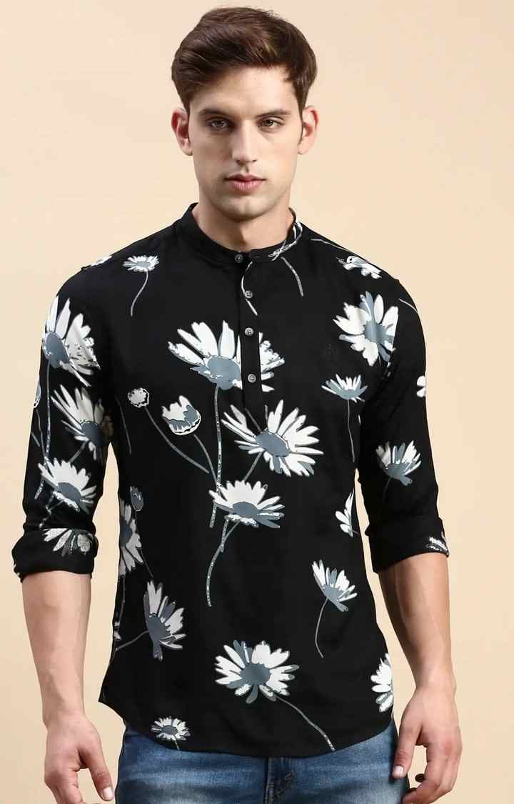 Showoff | SHOWOFF Men's Mandarin Collar Above Knee Black Straight Kurta