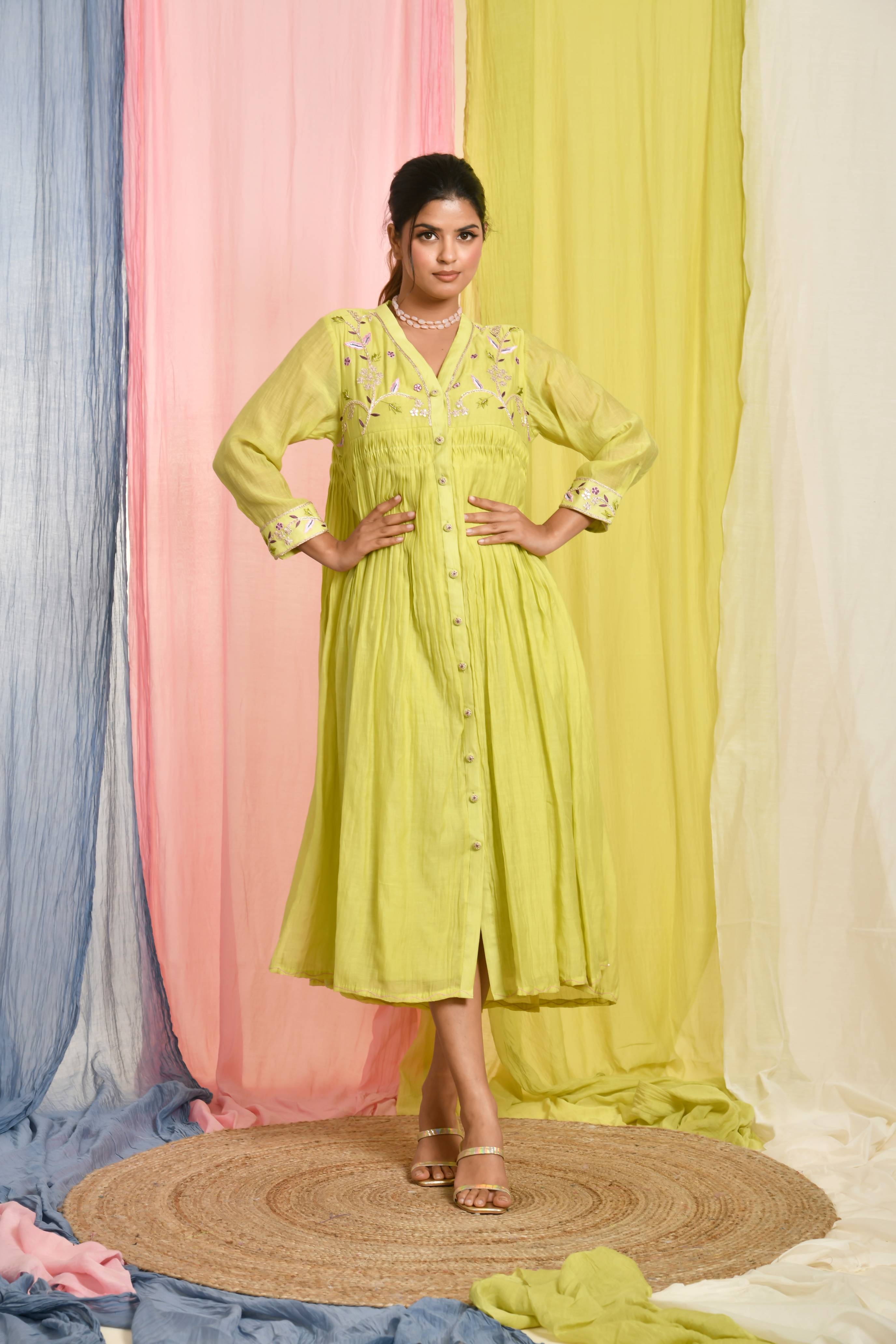 Lime green pleated dress with short yoke