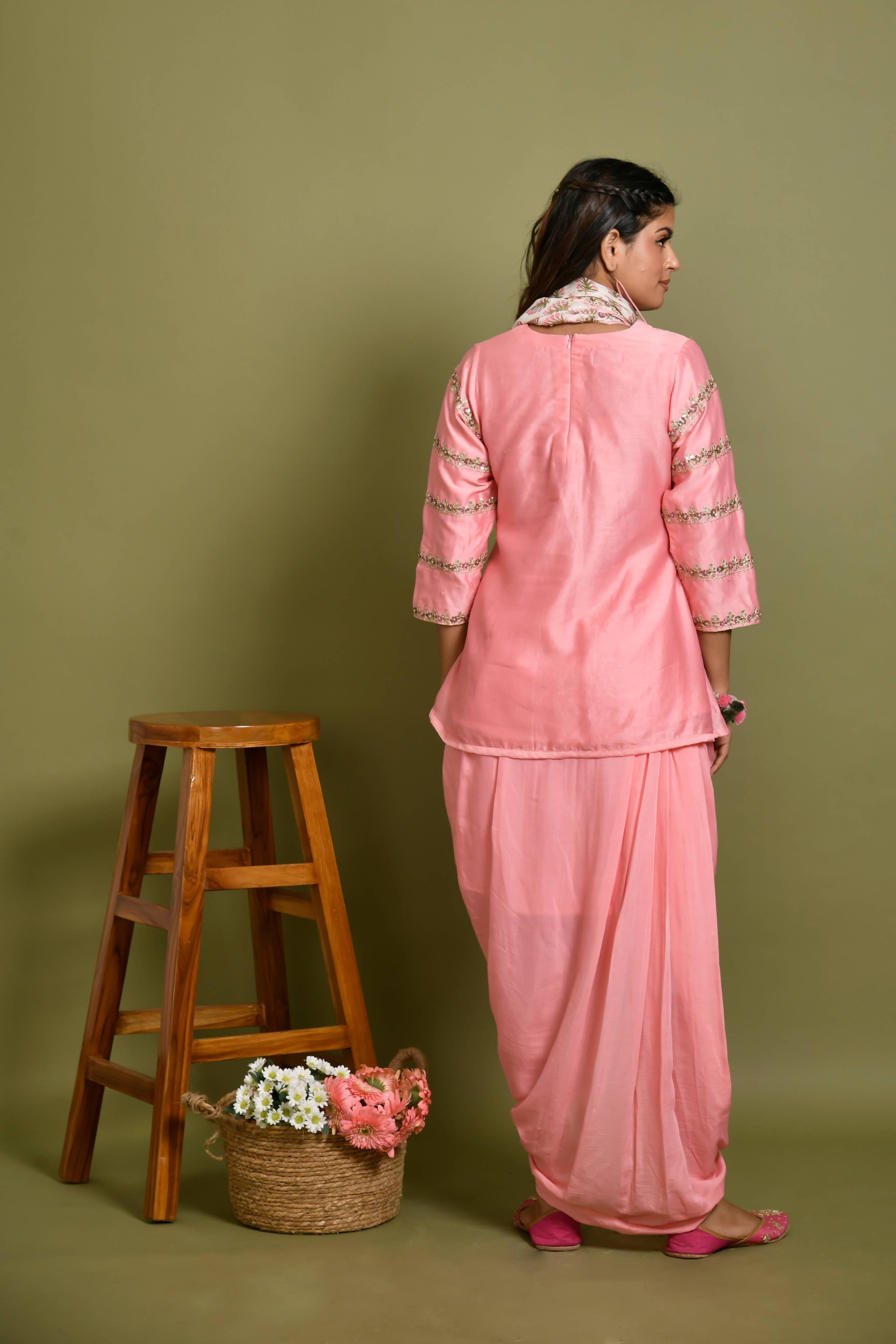 Chanderi  Short Kurta With Muslin Drape Skirt  With A Block Printed Stole