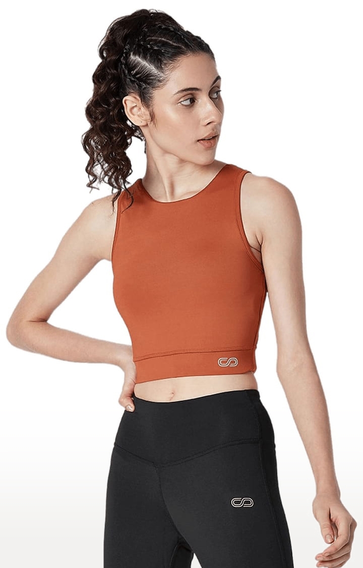 Women's Orange Padded Cross Back Activewear Tank Top