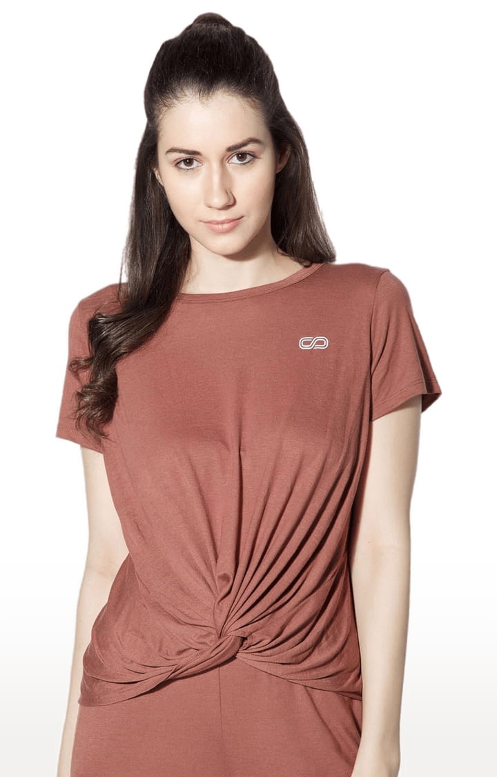 Women's Cognac Viscose Solid Activewear T-Shirt