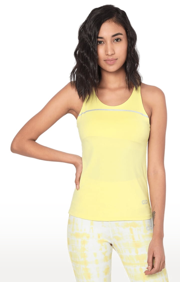 Women's Candy Floss Yellow Polyester Solid Activewear Tank Top