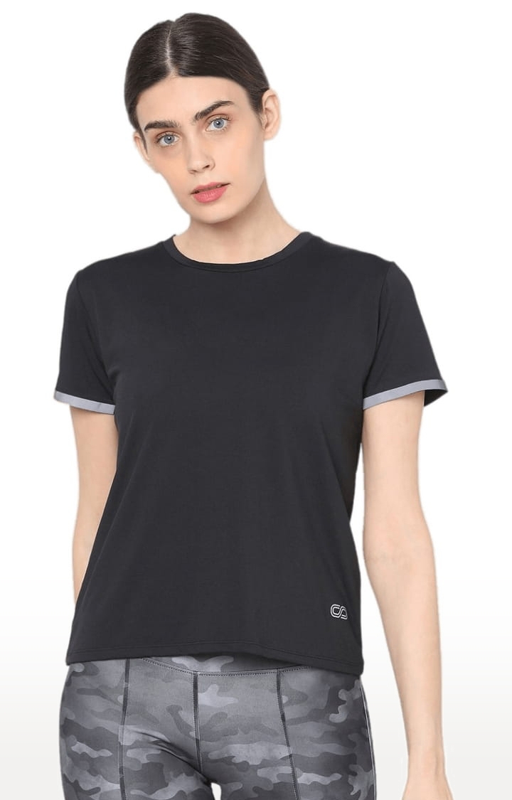 Women's Black Polyester Solid Activewear T-Shirt