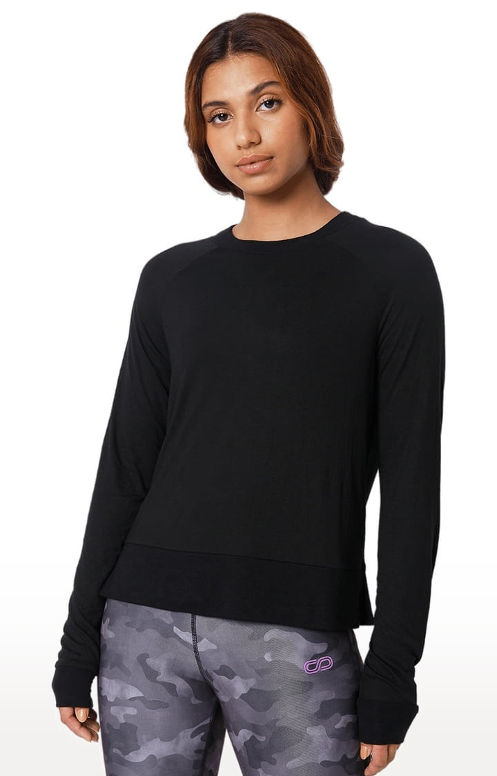 Women's Black Viscose Solid Activewear T-Shirt