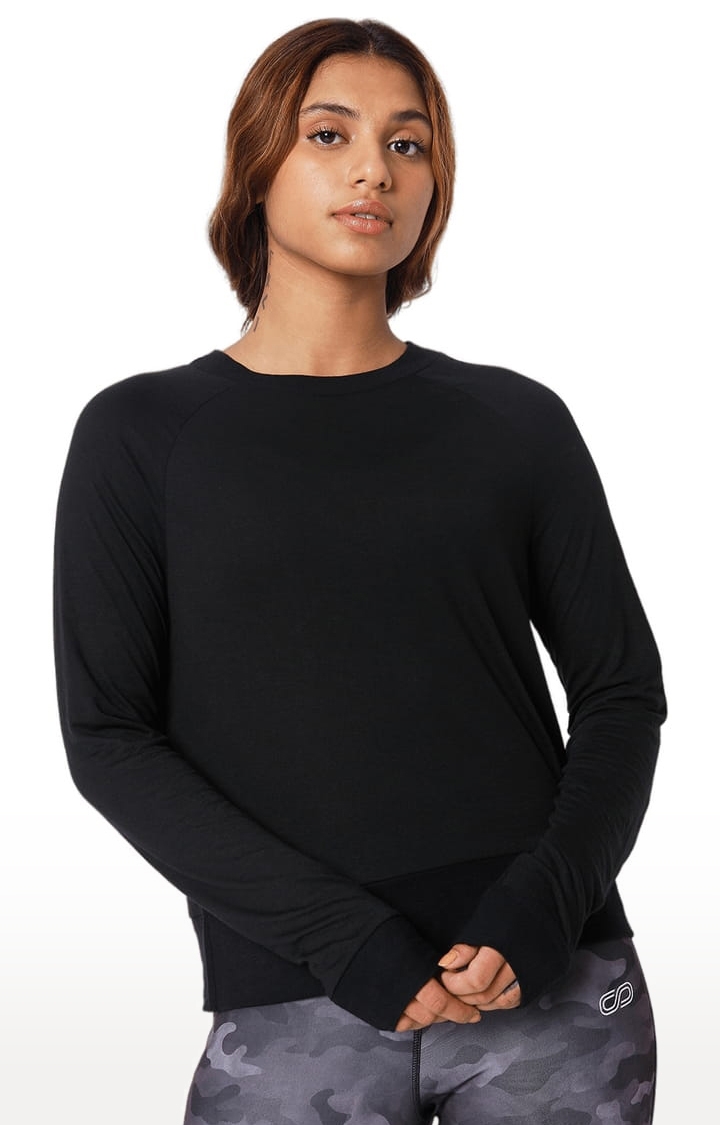 Women's Black Viscose Solid Activewear T-Shirt