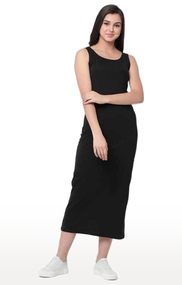 Women's Black Cotton Solid Maxi Dress
