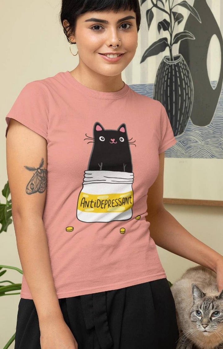 TeesHut | Women's antidepressant cat  Pink Cotton Blend Typographic Regular T-Shirts