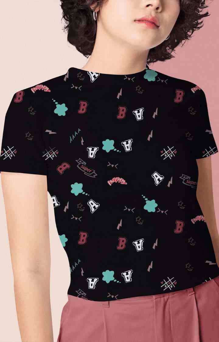 TeesHut | Women's Black Cotton Blend Printed Regular T-Shirts