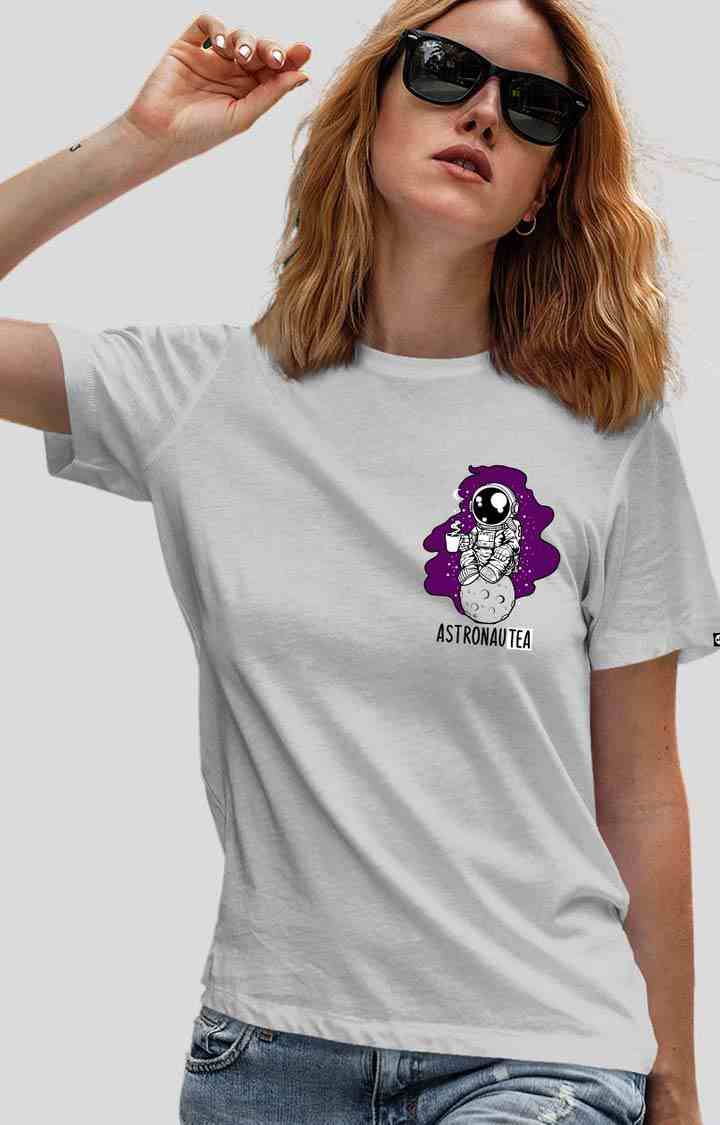 Women's astronautea  Grey Cotton Blend Printed Regular T-Shirts