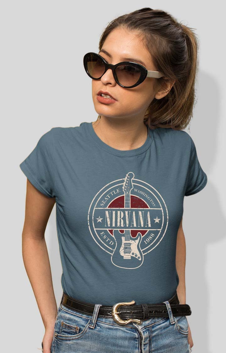 TeesHut | Women's nirvana mic Blue Cotton Blend Printed Regular T-Shirts