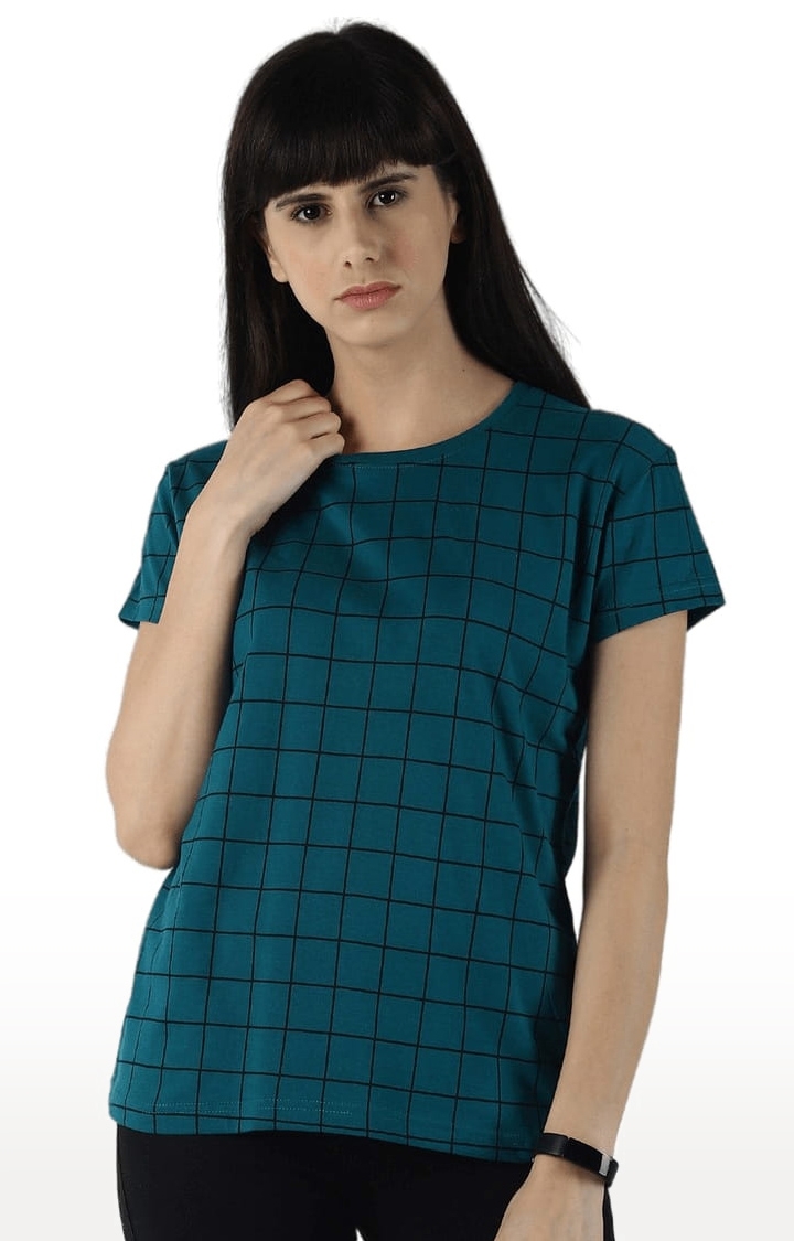 Women's Green Cotton Checked T-Shirts