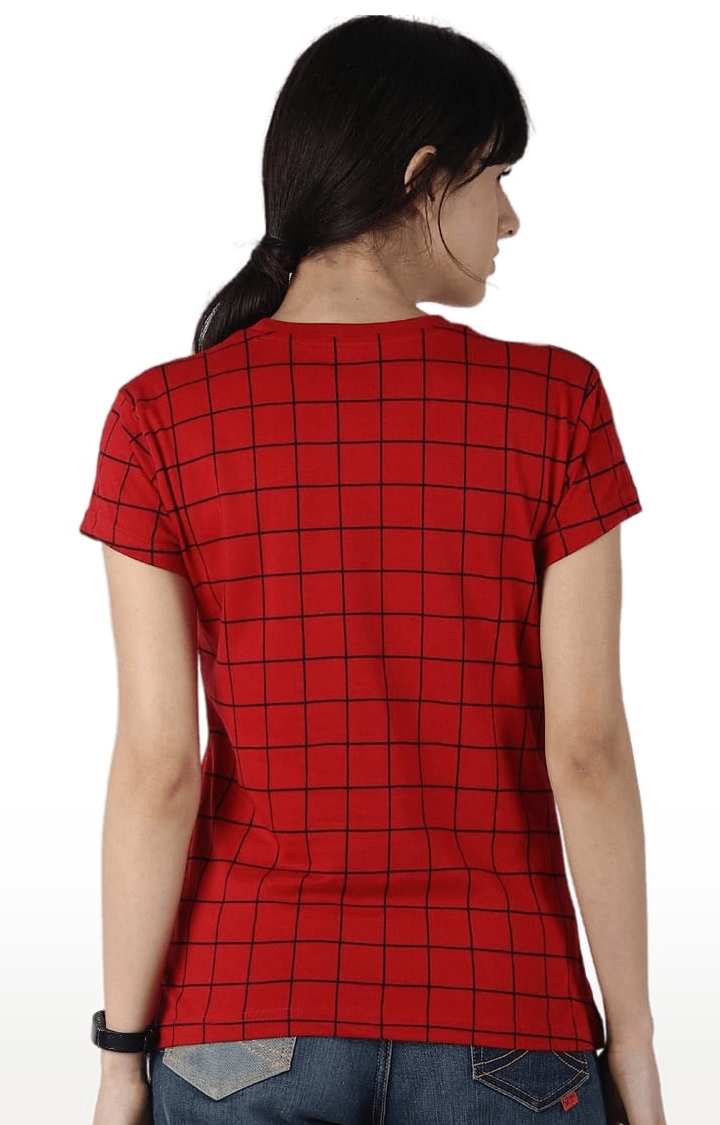 Women's Red Cotton Checked Regular T-Shirt