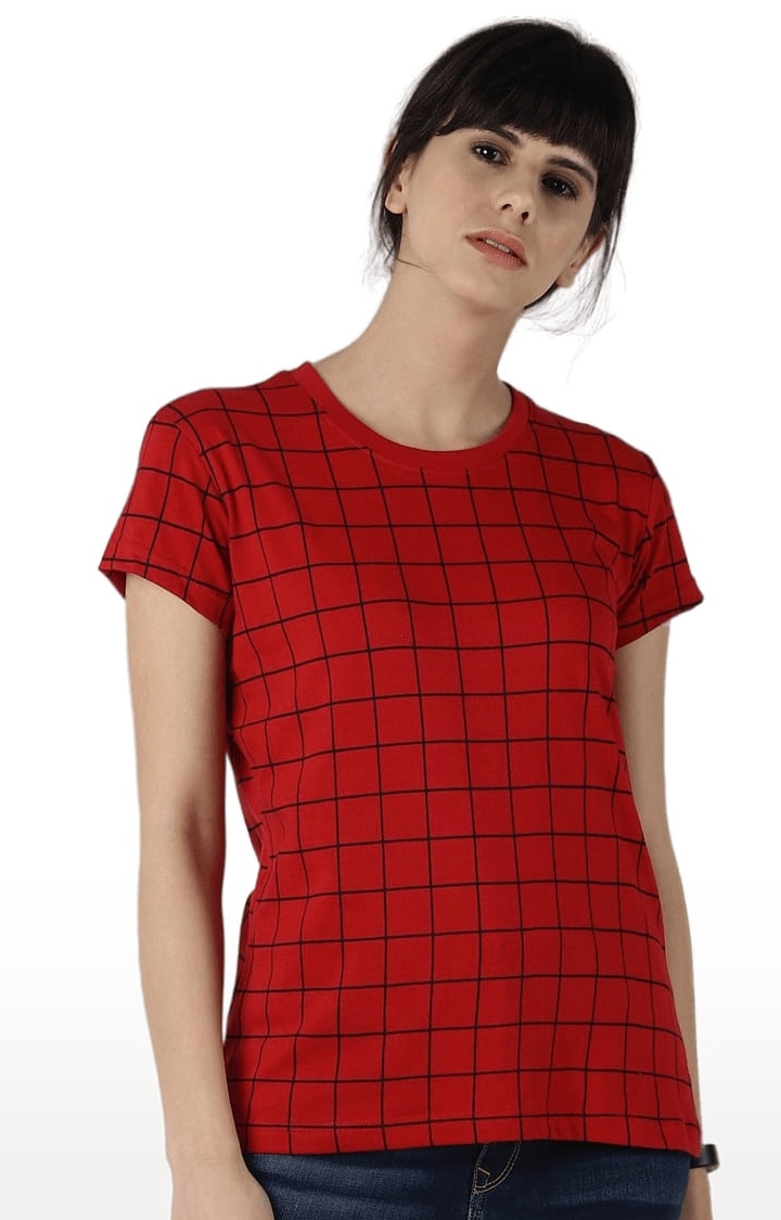 Women's Red Cotton Checked T-Shirts