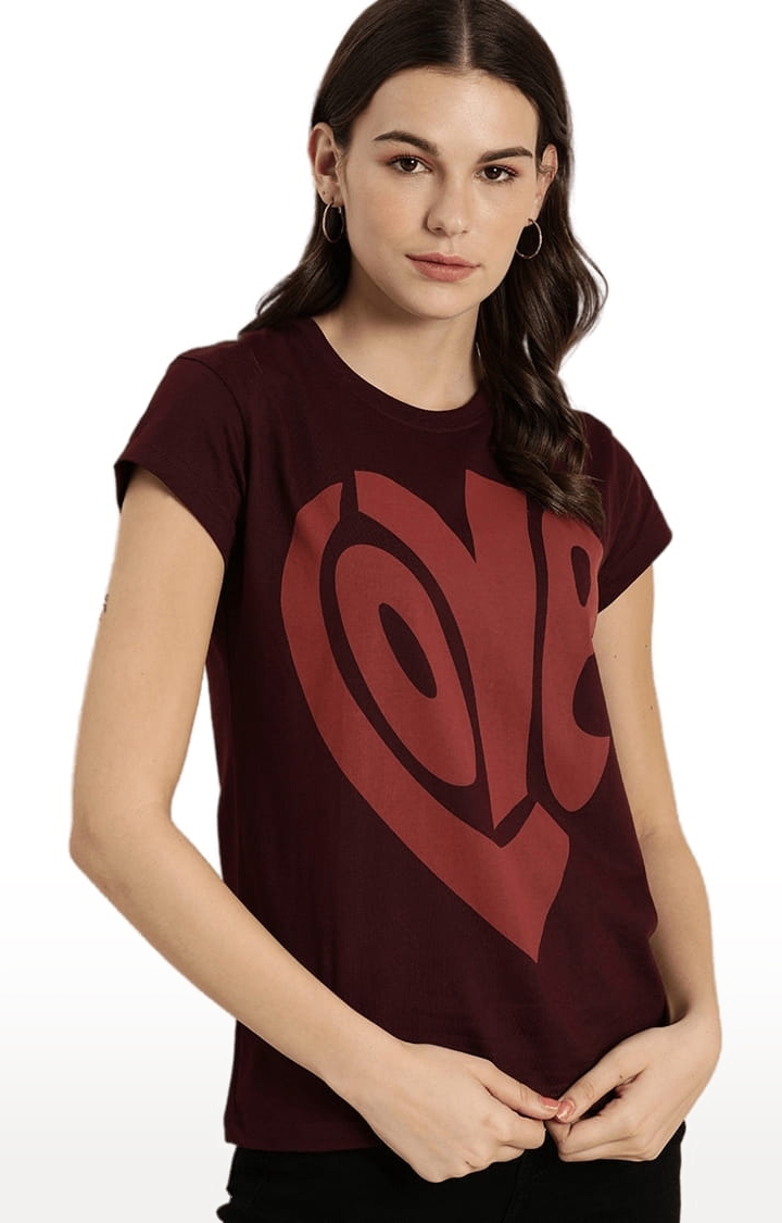 Women's Maroon Cotton Typographic Printed  T-Shirts