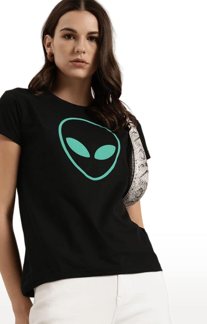 Women's Black Cotton Printed T-Shirts
