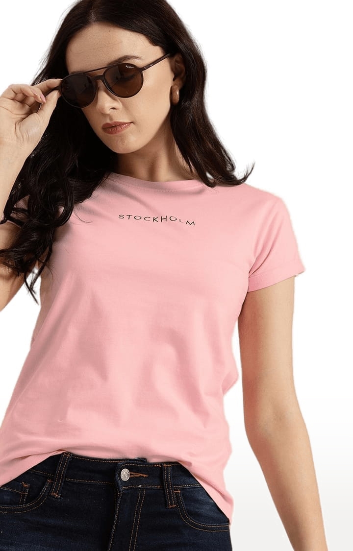 Women's Pink Cotton Typographic Printed  T-Shirts