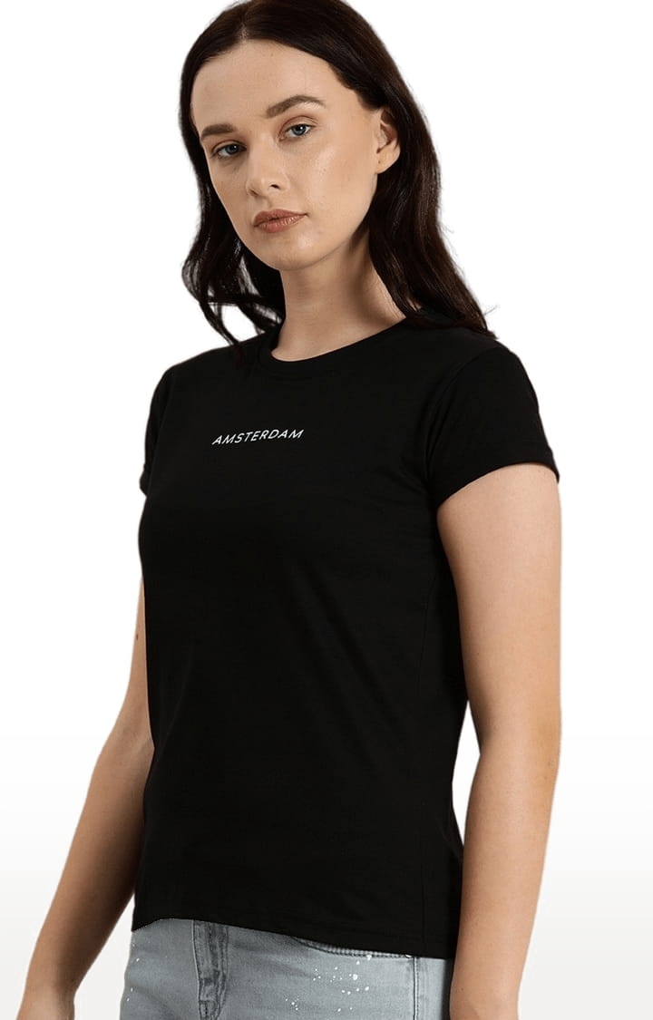 Women's Black Cotton Solid T-Shirts