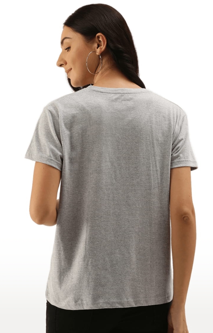Women's Grey Cotton Typographic Printed Regular T-Shirt