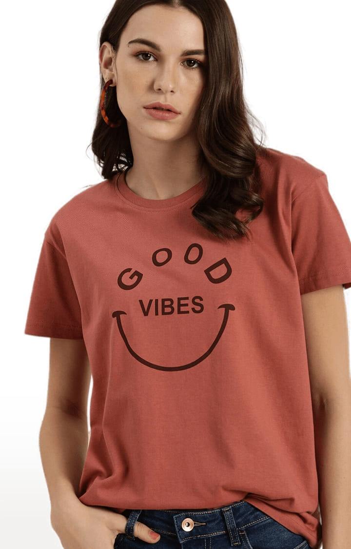 Women's Pink Cotton Typographic Printed  T-Shirts