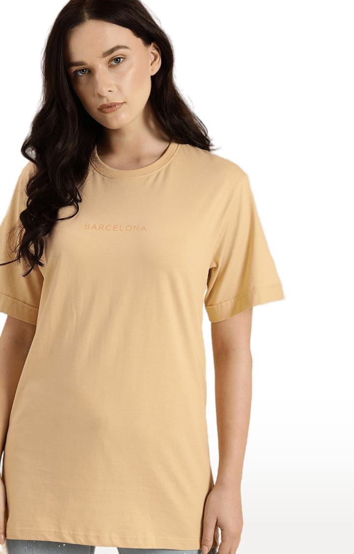 Women's Beige Cotton Solid T-Shirts