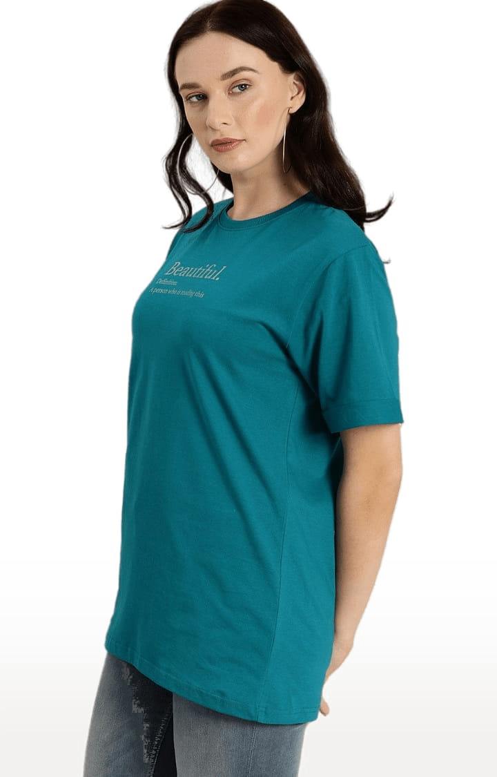 Women's Blue Cotton Typographic Printed  T-Shirts