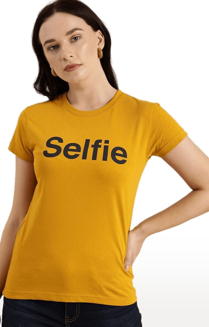 Women's Yellow Cotton Typographic Printed  T-Shirts