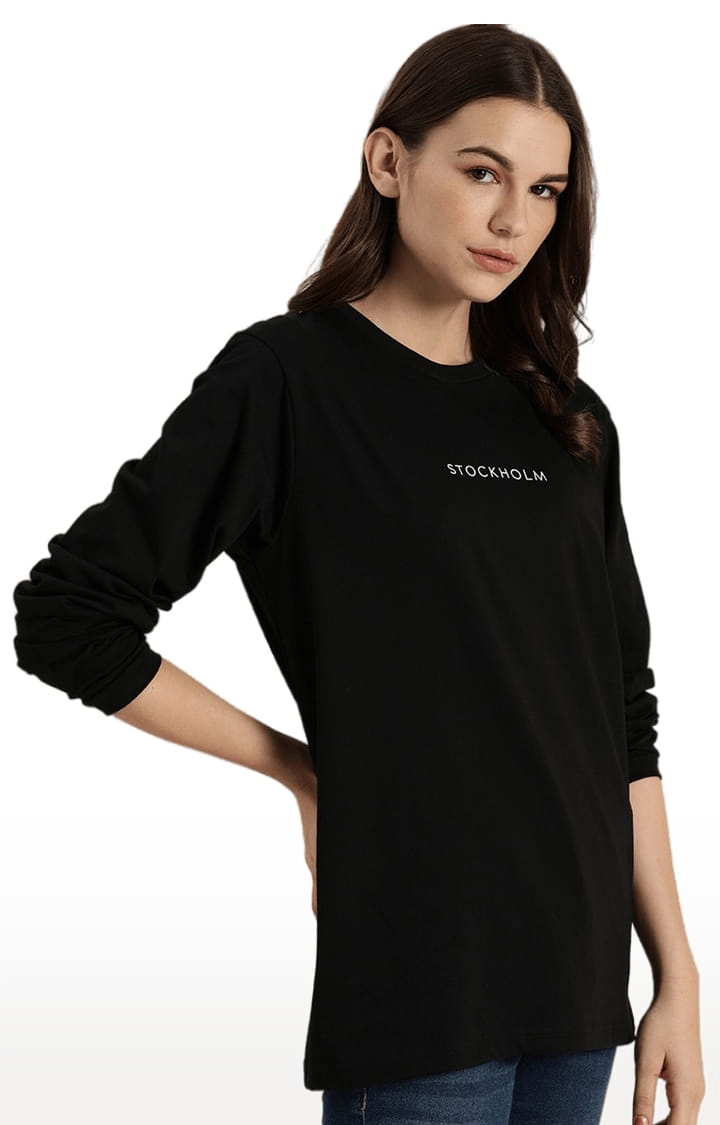 Women's Black Cotton Solid Regular T-Shirt