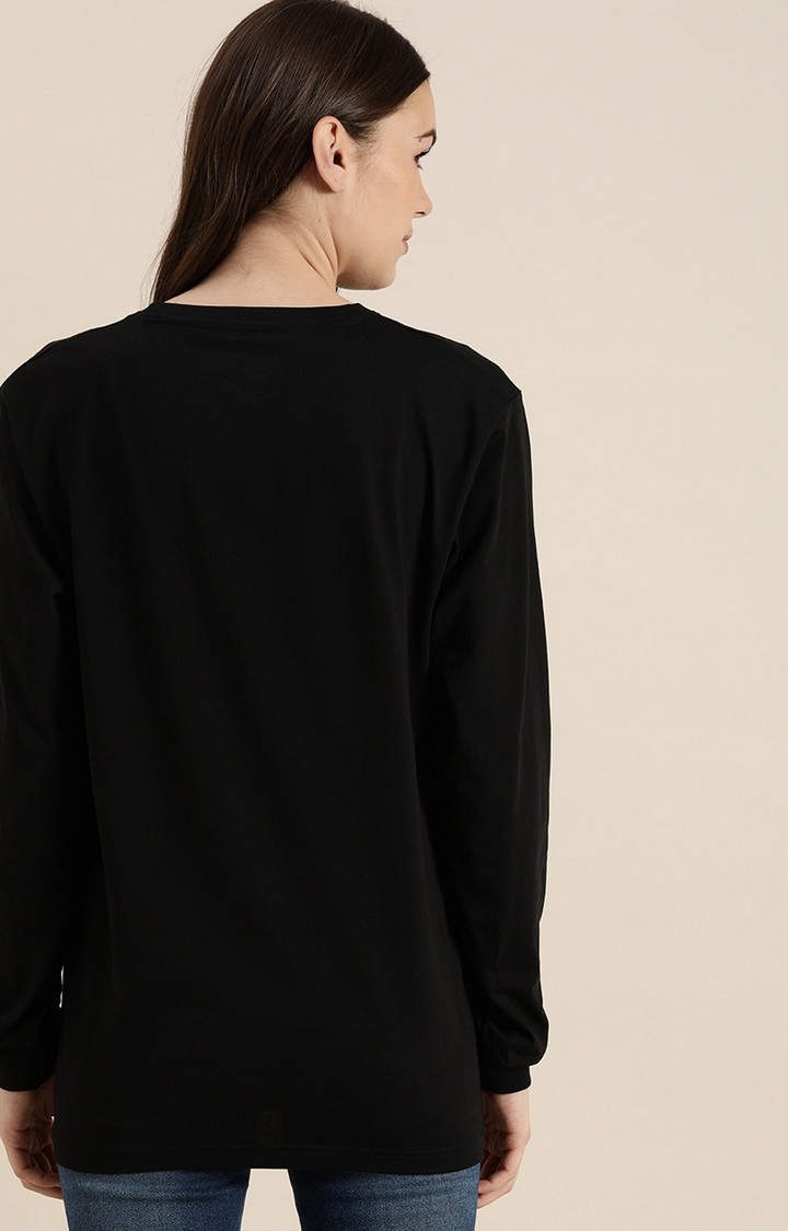 Women's Black Cotton Typographic Oversized T-Shirts