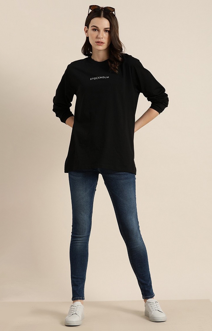 Women's Black Cotton Typographic Oversized T-Shirts