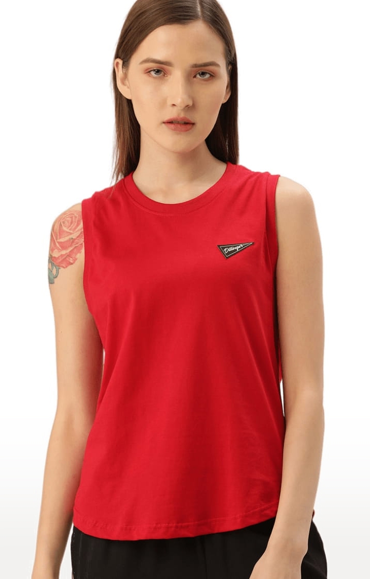 Women's Red Cotton Solid Tank Top