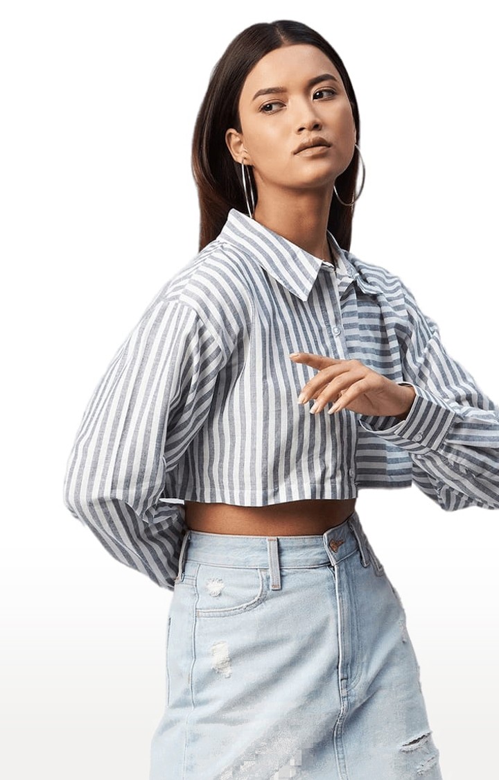 Women's Grey and White Viscose Striped Crop Shirt