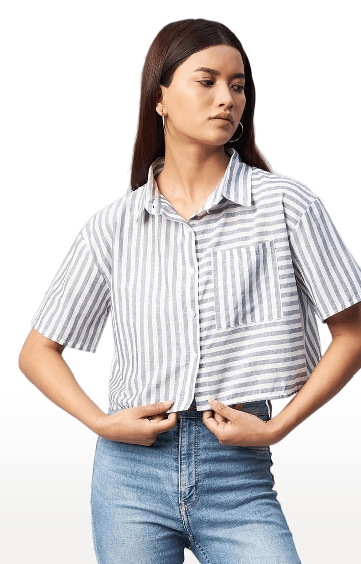 Women's Grey and White Viscose Striped Crop Shirt