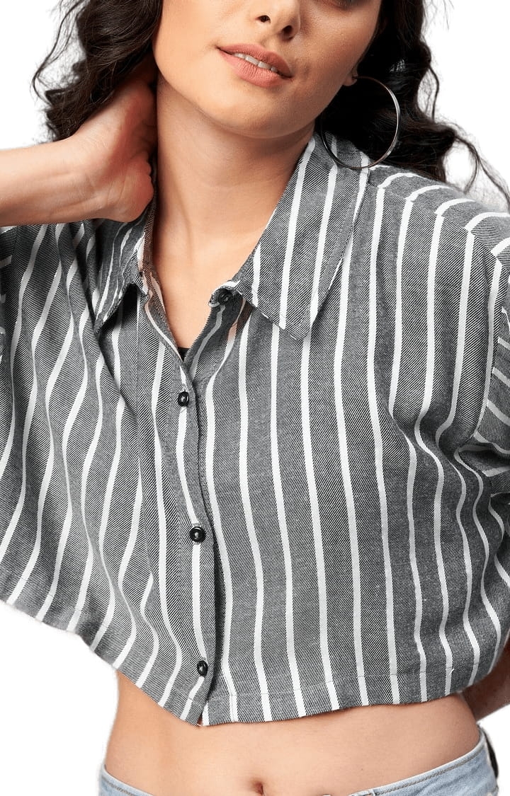 Women's Dark Grey Viscose Striped Crop Shirt