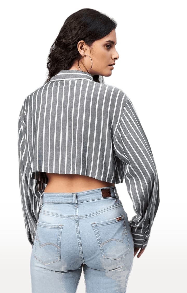 Women's Dark Grey Viscose Striped Crop Shirt