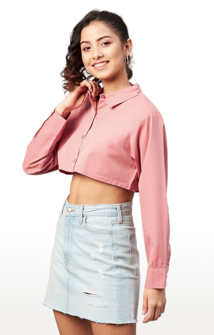 Women's Pink Cotton Solid Casual Shirts
