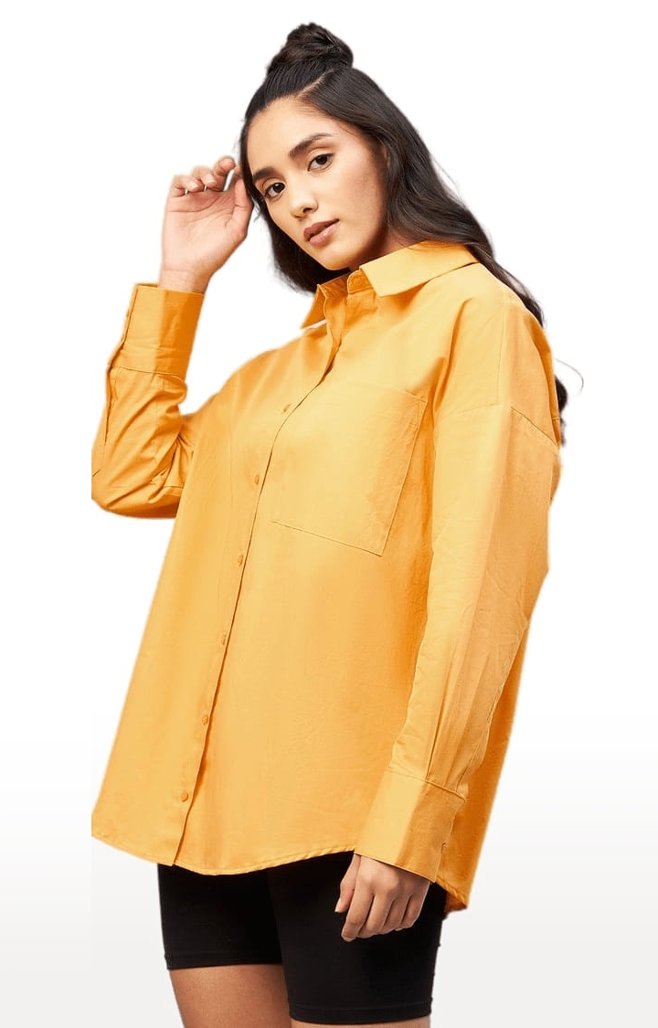 Women's Mustard Cotton Solid Casual Shirts