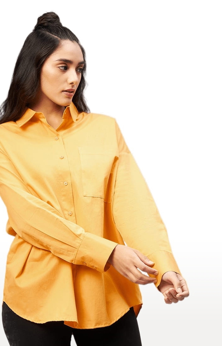 Women's Mustard Cotton Solid Casual Shirts