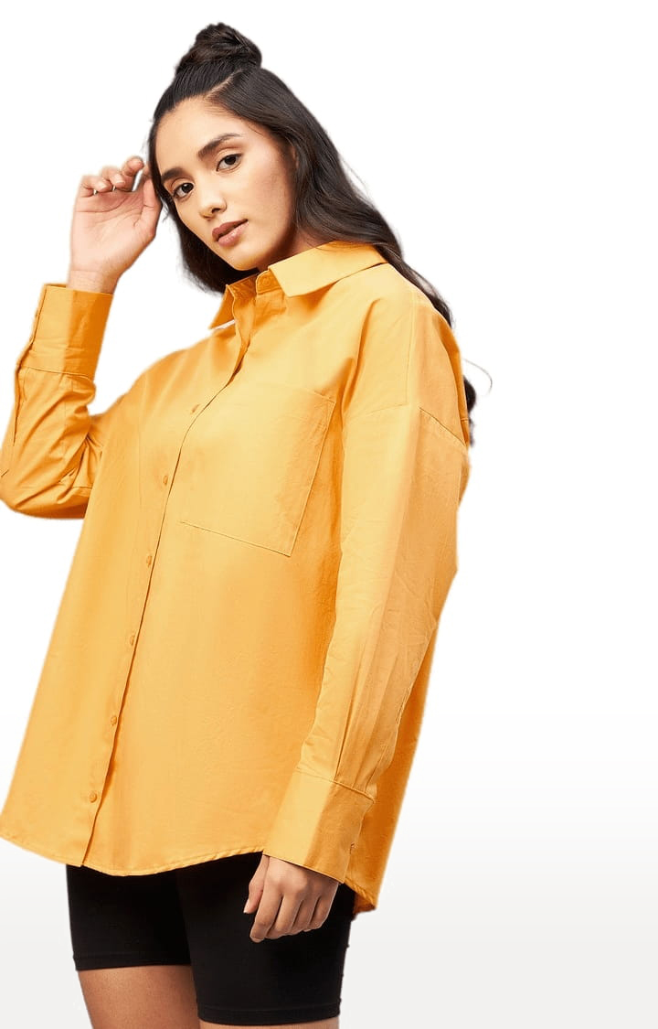 Women's Mustard Cotton Solid Casual Shirts