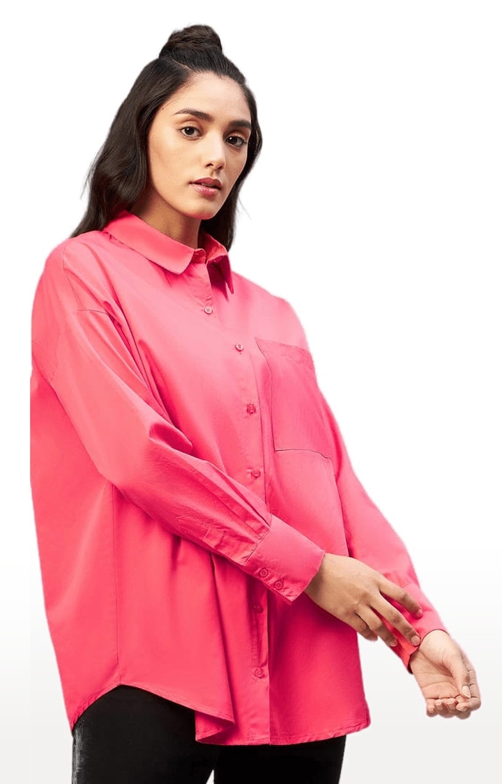 Women's Dark Pink Cotton Solid Casual Shirts