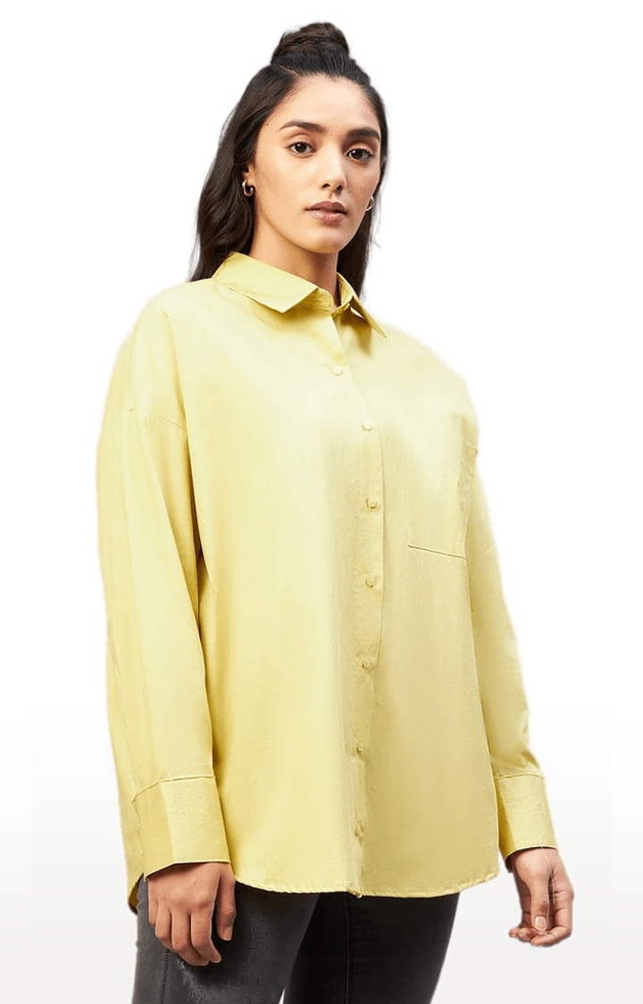 Women's Yellow Cotton Solid Casual Shirts