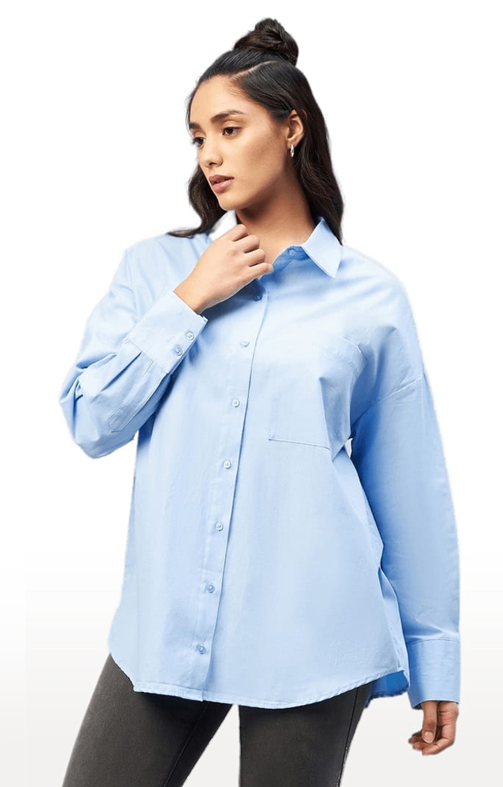 Women's Light Blue Cotton Solid Casual Shirts
